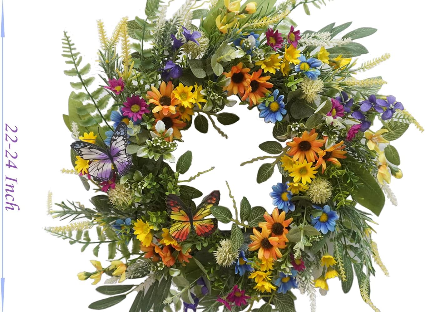 22 Inch Spring Summer Wreath for Front Door,Sunflower and Daisy with Eucalyptus Leaves,Mixed Flower,Fairy Lights,Artificial Wreath for Front Door Spring Outdoor Home Decor Easter Decor
