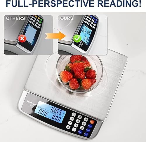 Miniatura 8 de Atogou Báscula de alimentos de 66 libras, báscula de cocina comercial con cálculo de precios, enchufable utilizable, 0.05 oz1 g, acero inoxidable