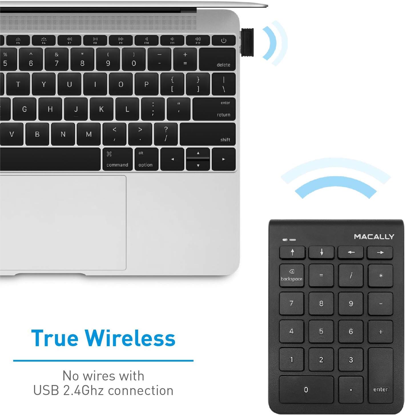 Macally 2.4G Wireless Numeric Keypad Keyboard for Laptop, Apple Mac iMac MacBook Pro/Air, Windows PC, or Desktop Computer with USB Receiver 22 Key Slim Number Pad Numerical Numpad - Black
