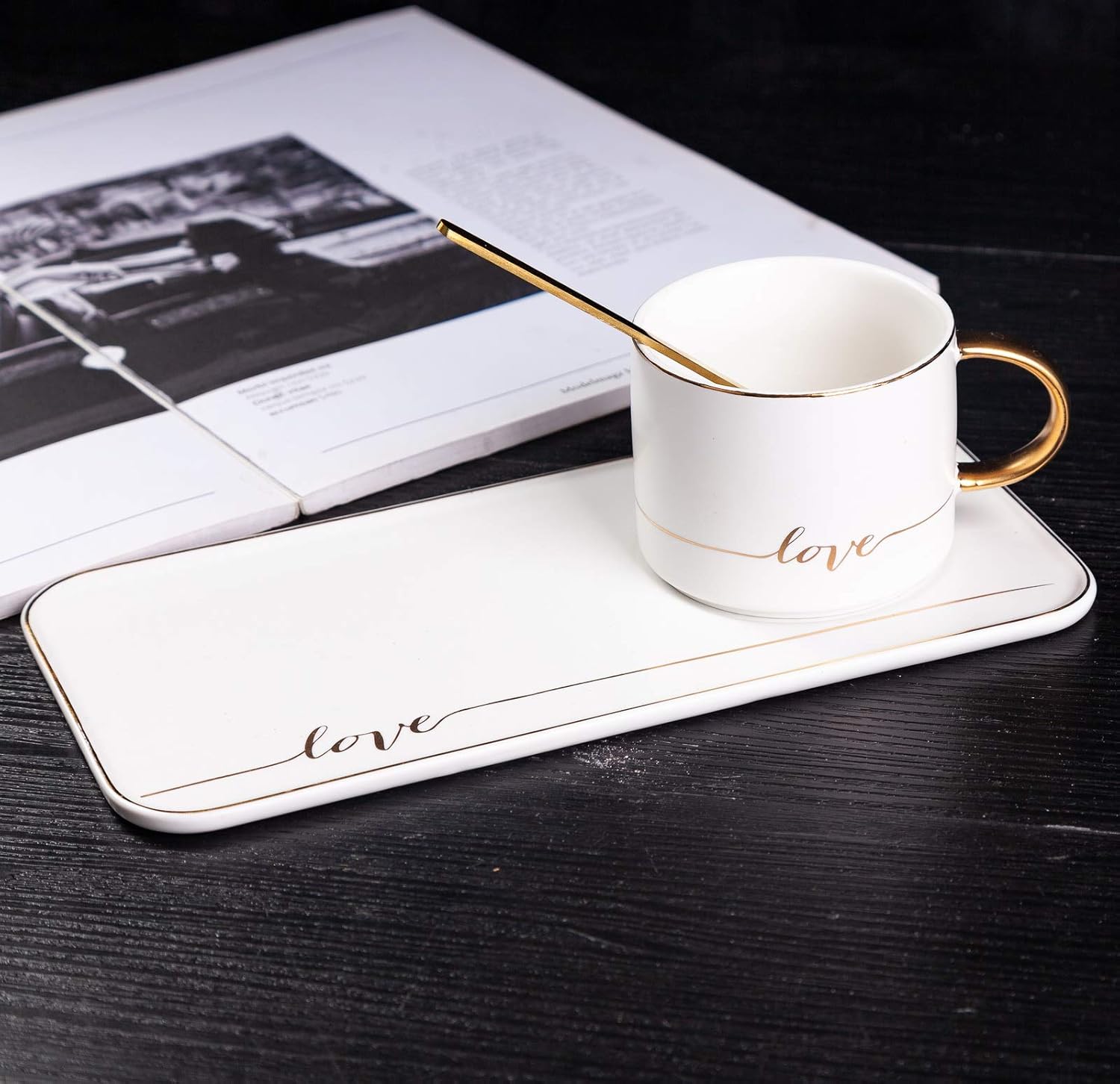 TJ Gobal Porcelain Coffee Mug, Tea Cup with Saucer and Golden Spoon with Gold Scripted Love and Trim for Coffee Hot Chocolate, Cappuccino, and Latte, 8 Oz. (White)