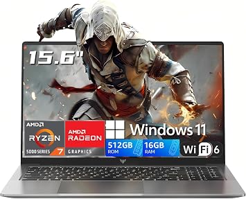 2026 AMD Gaming Laptop with Ryzen 7 5700U Processor8C/16T, Up to 4.3GHz, 15.6" Display Gaming Computer, AMD RadeonTM Graphics, 16GB RAM 512GB NVMe SSD, BK, WiFi 6, HDMI, Type-C, Webcam Cover Slide