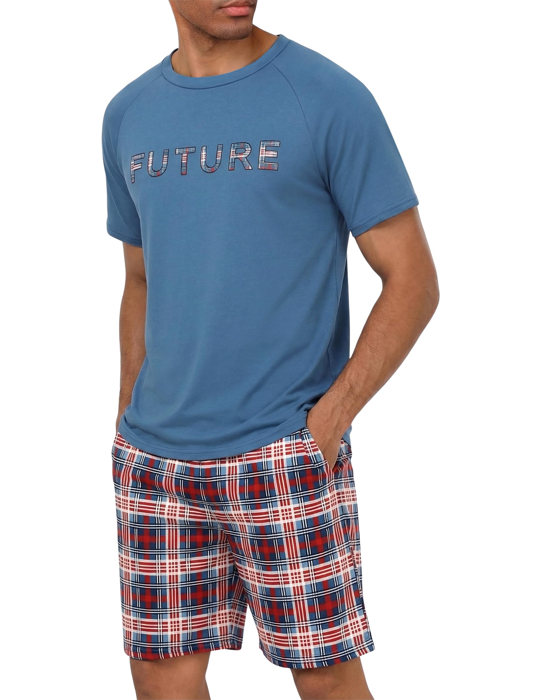 Marvmys Schlafanzug Herren Kurz Sommer Pyjama Set aus Atmungsaktiver Baumwolle Zweiteiliger Kurzer Nachtwäsche Männer Kurzarm T-Shirt und Kurze Hose mit Taschen Loungewear S-3XL