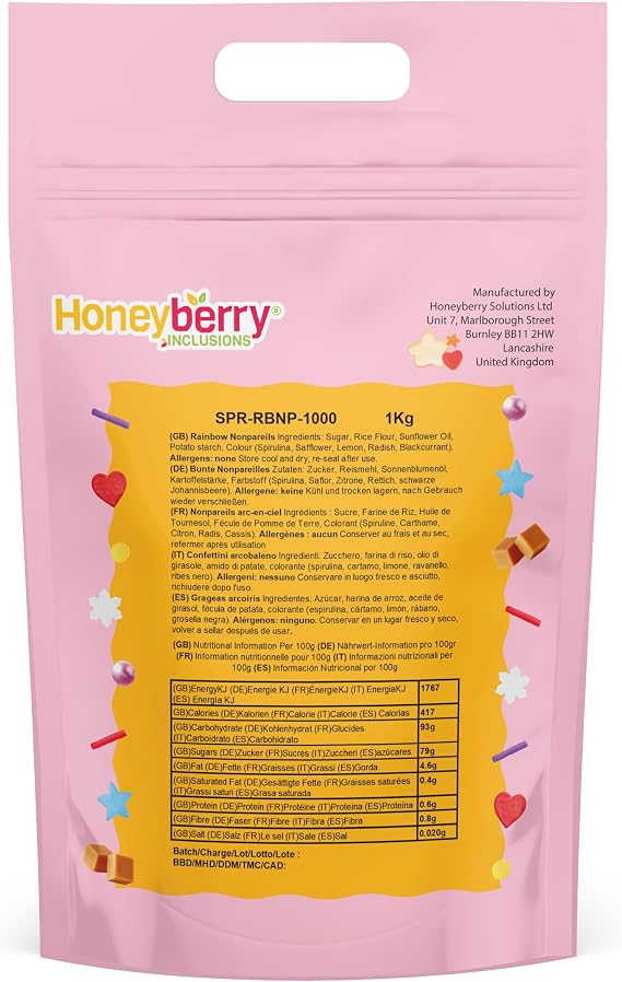 HONEYBERRY Natural Edible Decorating Sprinkles 1kg Bulk Pack – Free from Artificial Colours – Cake Decoration Ingredient for Bakeries, Catering & High-Volume Baking (Rainbow Nonpareils)