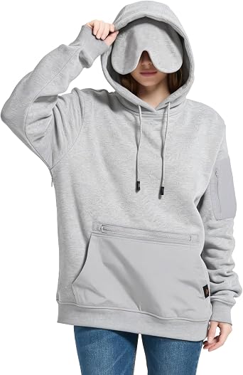 Travel Hoodie with Built-In Eye Mask for Airplane Travel Breathable Comfort Pullover Sweatshirt Multiple Pockets