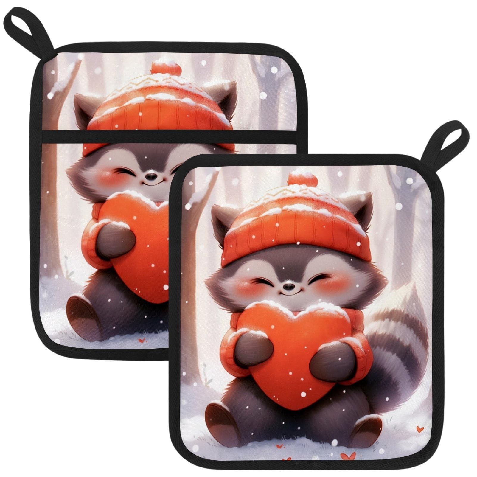 VAPOKF Cute Raccoons Heat Resistant Pot Holders, Thick Pot Holders Pad with Hanging Loop for Kitchen, Oven Cloth Pads for Kitchen Baking Microwave Oven