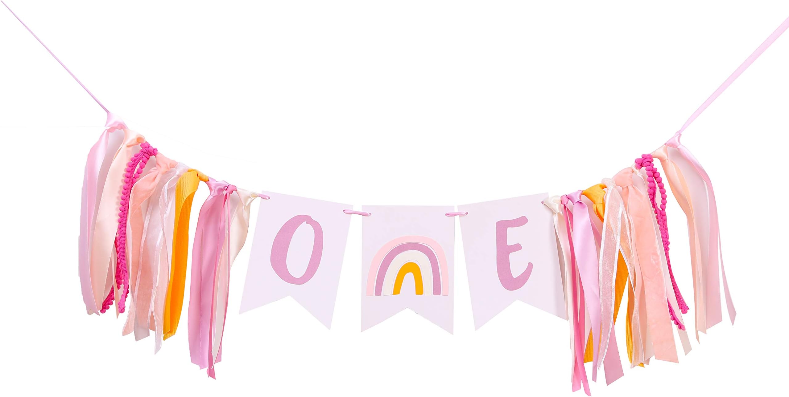 Bohemian 1st Birthday Banner - Bohemian Rainbow High Chair Banner, Girl Pink Theme Firstst Birthday High Chair Banner, Photo Props(Boho Rainbow Pink Banner)