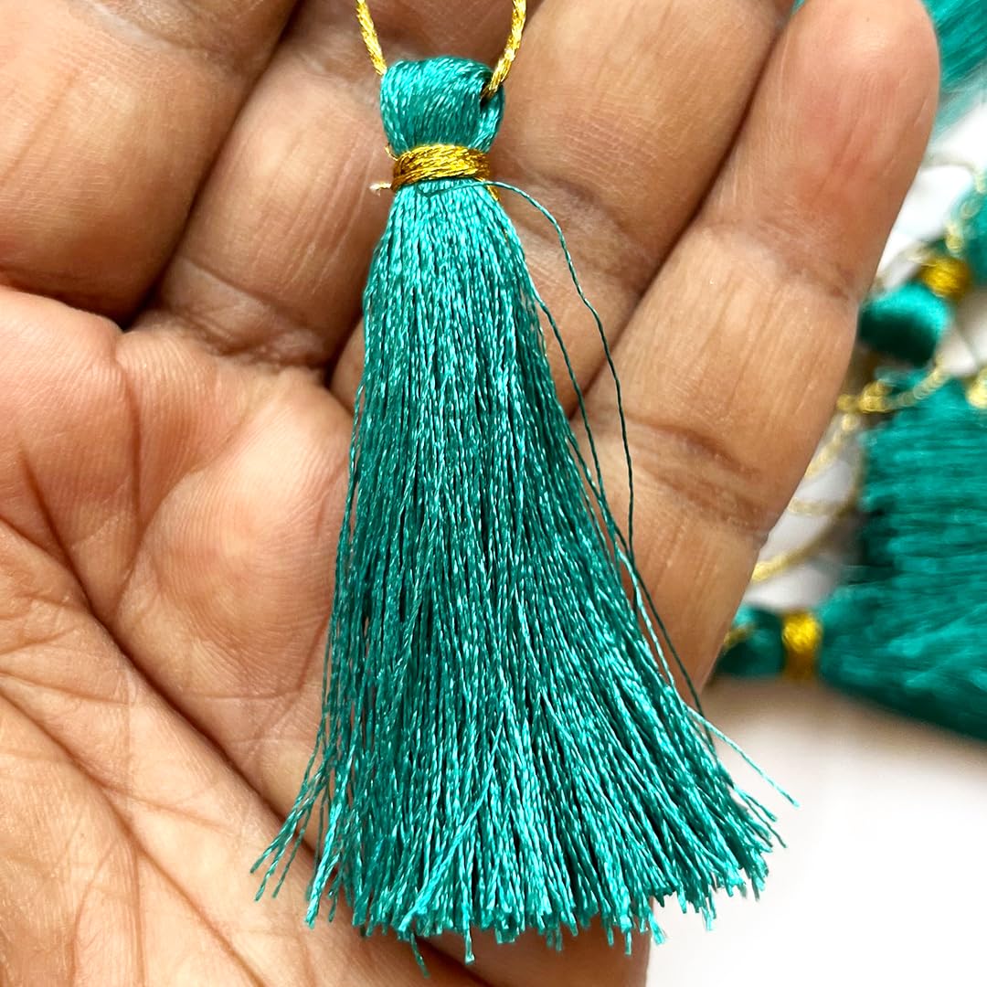 Adikala 50/100 Pcs Silk Craft Tassels | 10CM Handmade Tassel with 3 Inch Zari Loop for Jewelry Making, Bookmarks, DIY Art & Craft | Ideal for Saree Pallu (100, Sea Green)