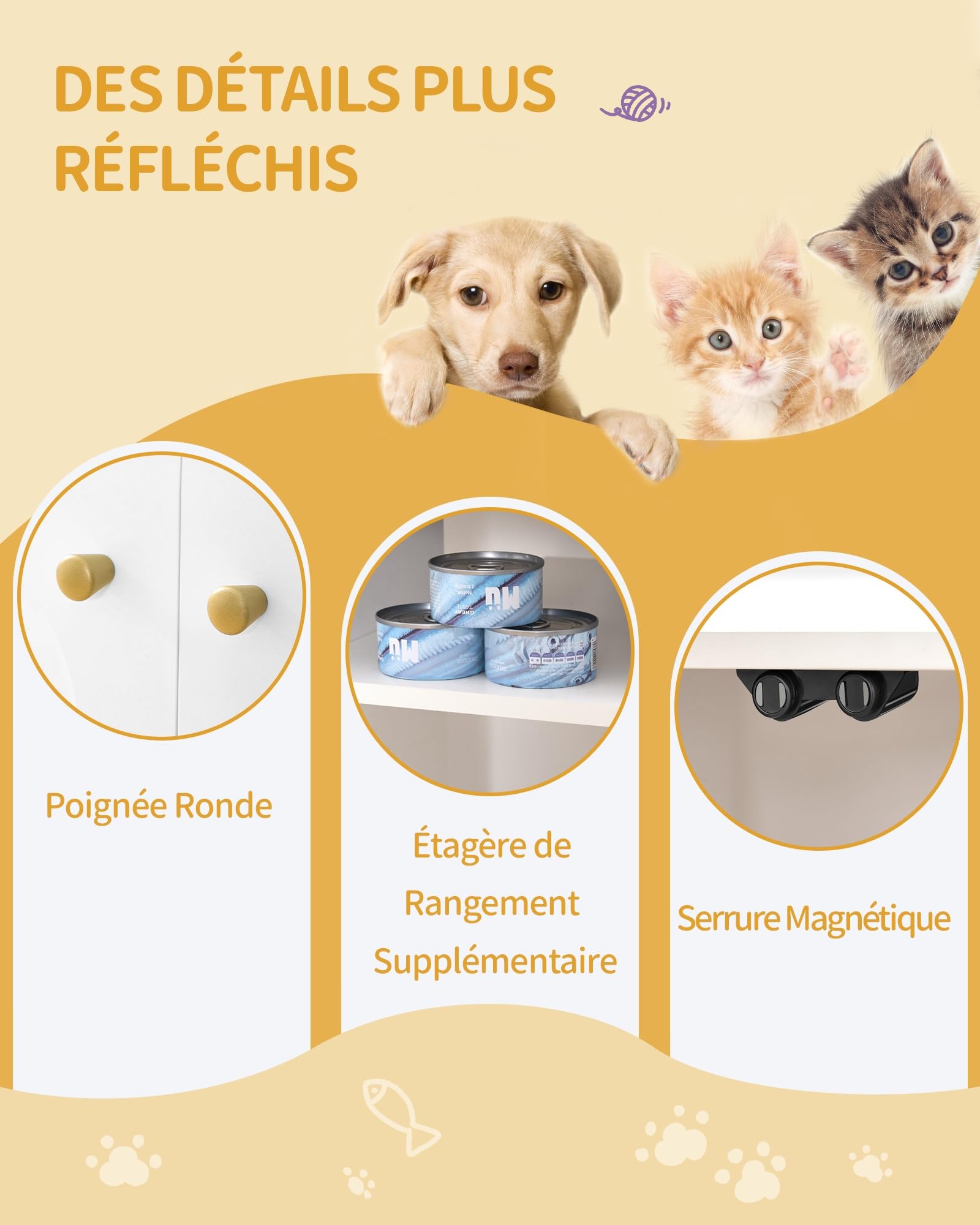 Hzuaneri Maison de Toilette Chat, Meuble Litiere Chat, Meubles Cachés, Maison pour Chats avec Porte et Cloison Séparée, Table d'appoint en Bois Domestique, 80 x 50 x 61 cm, Blanc et Or 01503GCLB