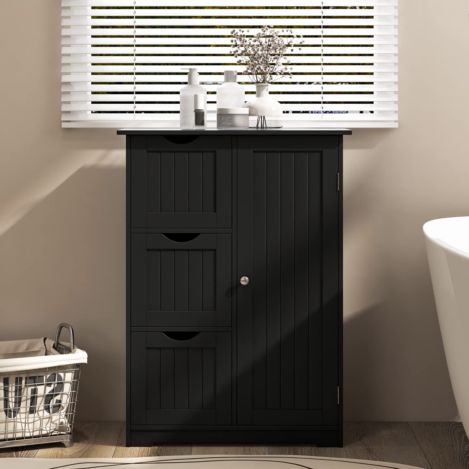 GOPLUS - Mueble de baño con 3 cajones, armario de almacenamiento con puerta magnética, antirrobos y estante ajustable, 58 x 28 x 81 cm, color negro
