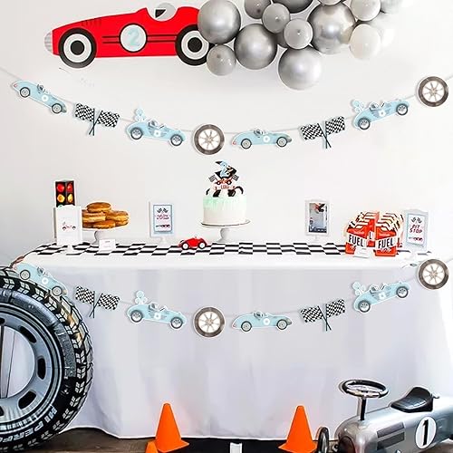 Miniatura 4 de 2 guirnaldas vintage de coches de carreras, suministros de fiesta de cumpleaños de coche de carreras vintage azul para niños, pancarta de auto de