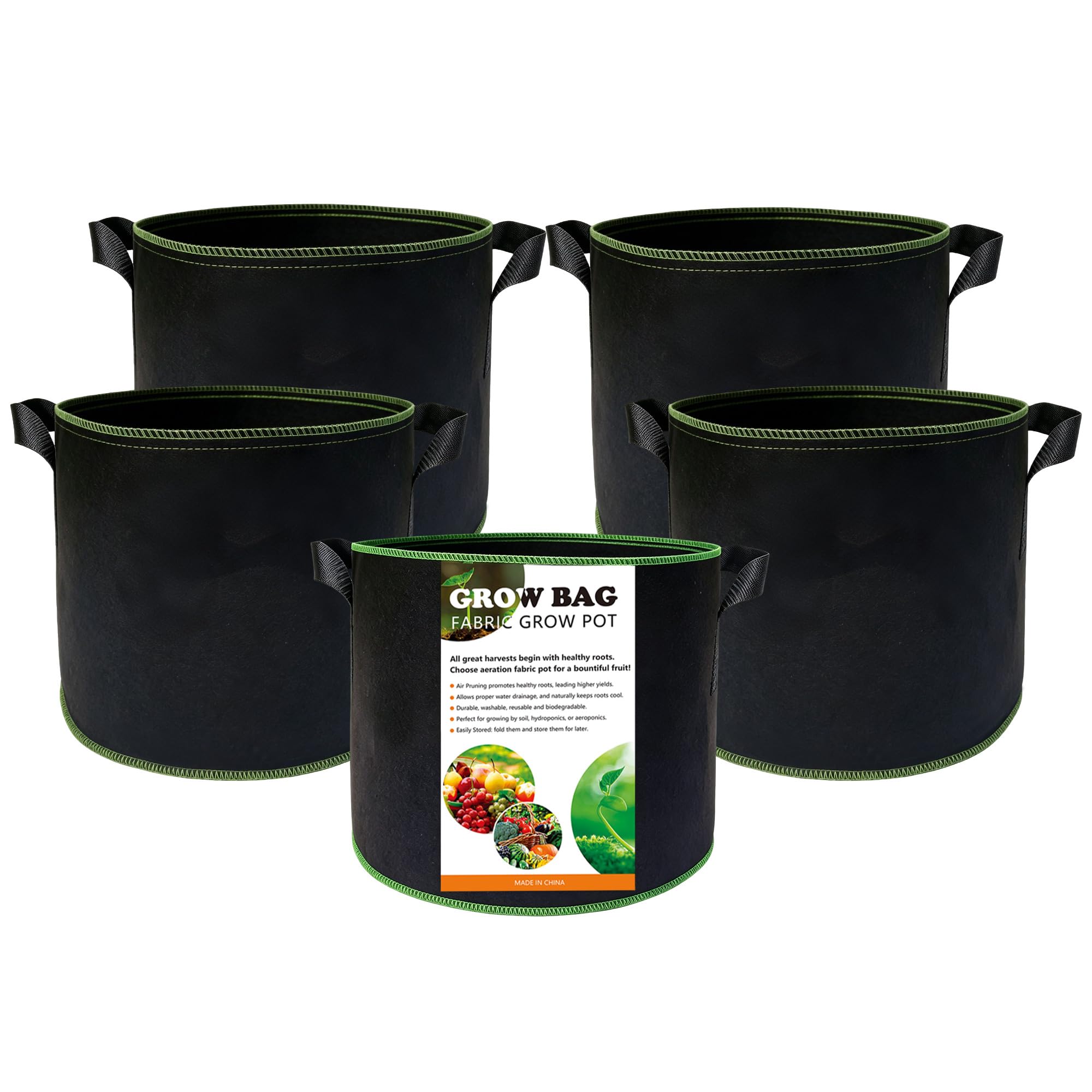 Bolsas de cultivo de tela negras de 5 y 10 galones con asas reutilizables pack de 5