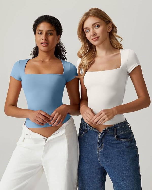 QINSEN Short Sleeve Tee Shirt for Women Square Neck Curved Shoulders Going Out Tops Splashed White Small by QINSEN - Used condition - US$16.64
