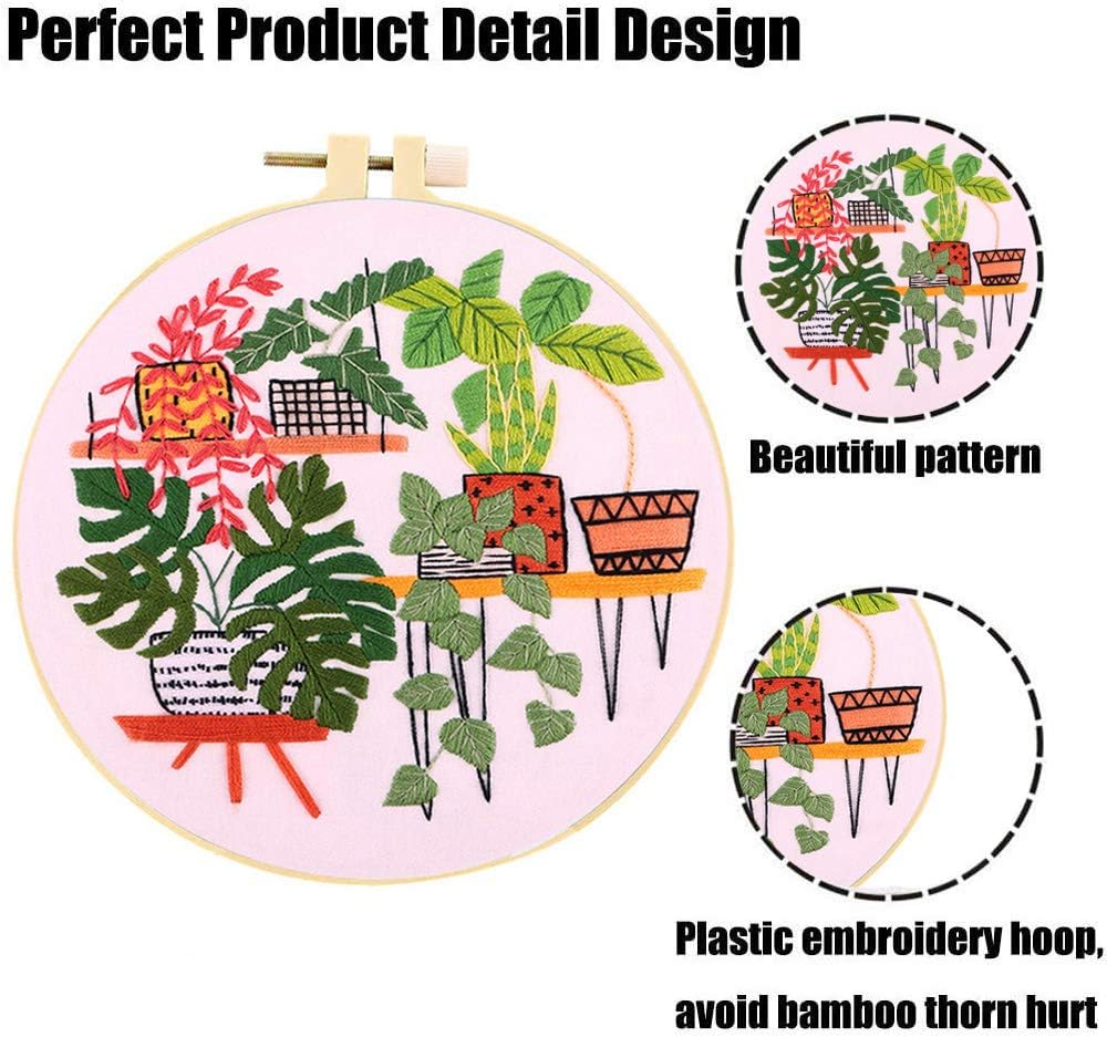 Embroidery Starter Kit with Pattern, Cross Stitch Kit Include Stamped Embroidery Clothes with Floral Pattern, Plastic Embroidery Hoops, Color Threads and Tools Needlepoint Kits (Plant Garden)
