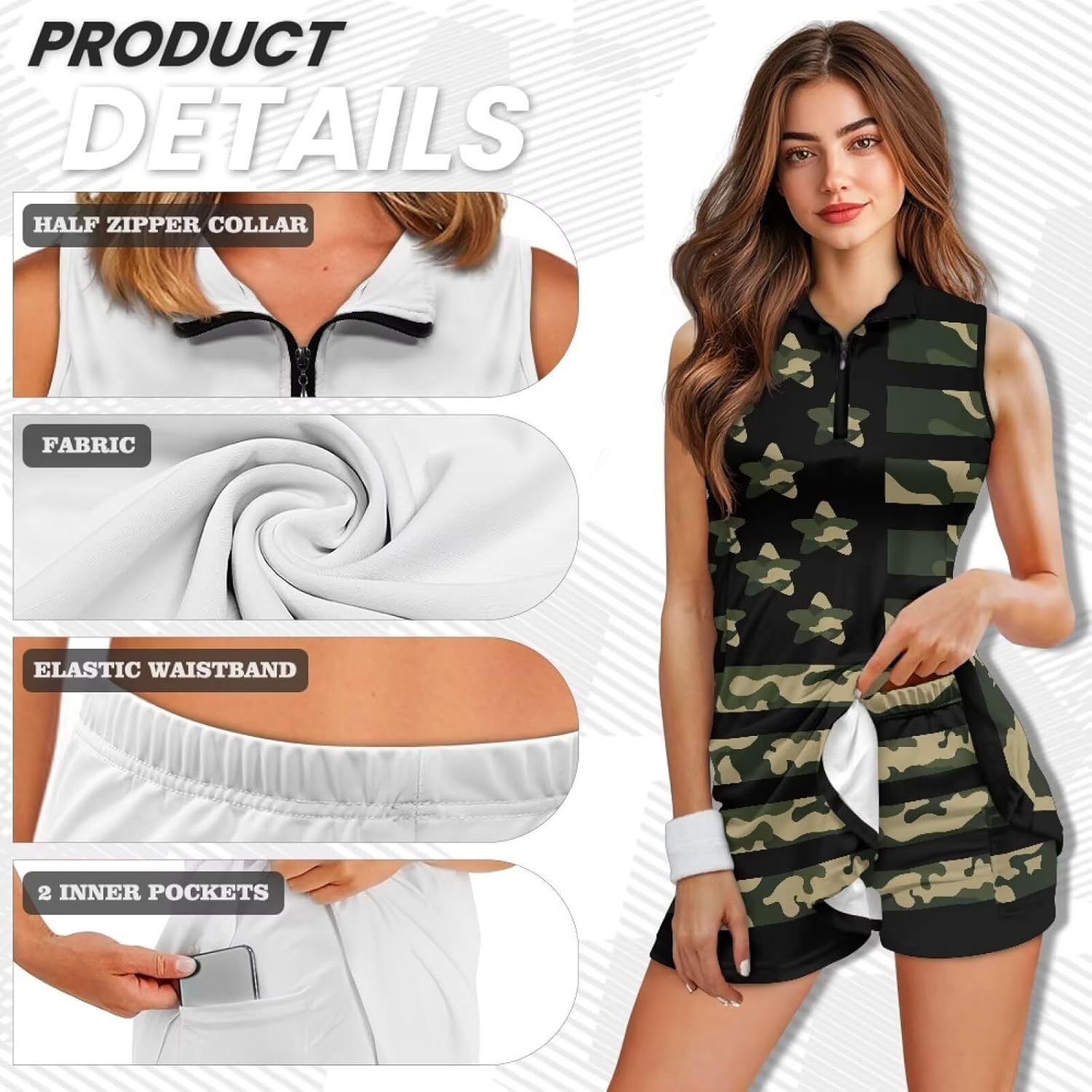 Women's Tennis Golf Dress with Shorts,Golf Outfits with Pockets,Zip Up Stand Collar - Image 4