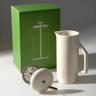 Aires Ceramic French Press 34oz Heat-Retaining Stoneware Rose Gold Accents Barista Guide Gift Ready