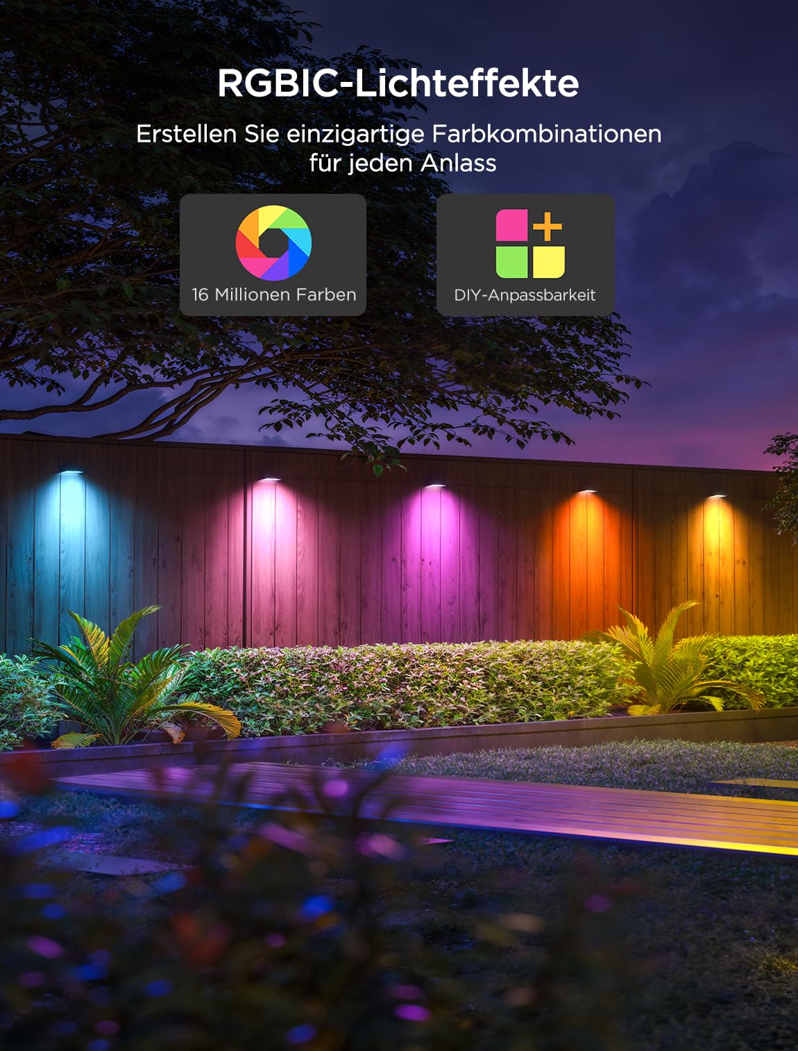 Govee Wandleuchte Aussen, RGBWIC, 180lm mit 4000K Smartes Weißlicht, Musik-Sync und über 60 Szenenmodi, IP65 wasserdicht für Garten, Zaun, funktioniert mit Alexa und Matter, Google Assistant, 6er-Pack