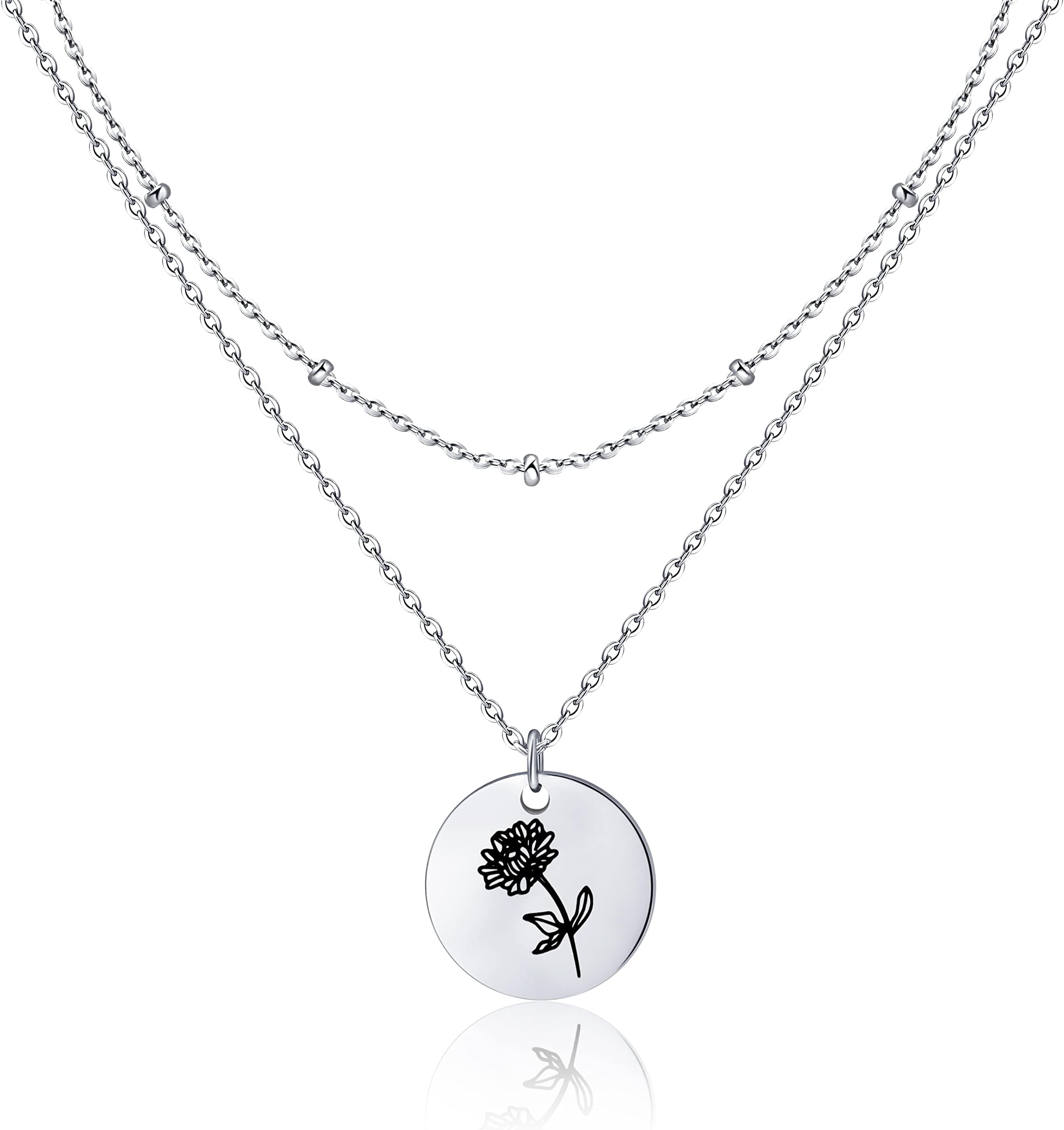JoycuFFBirth Month Flower Pendant Necklace 18K Gold Plated Dainty Simple Month Birth Floral Disc Pendant Engrave Coin Necklace Minimalist Delicate Mom Daughter Gift for Her
