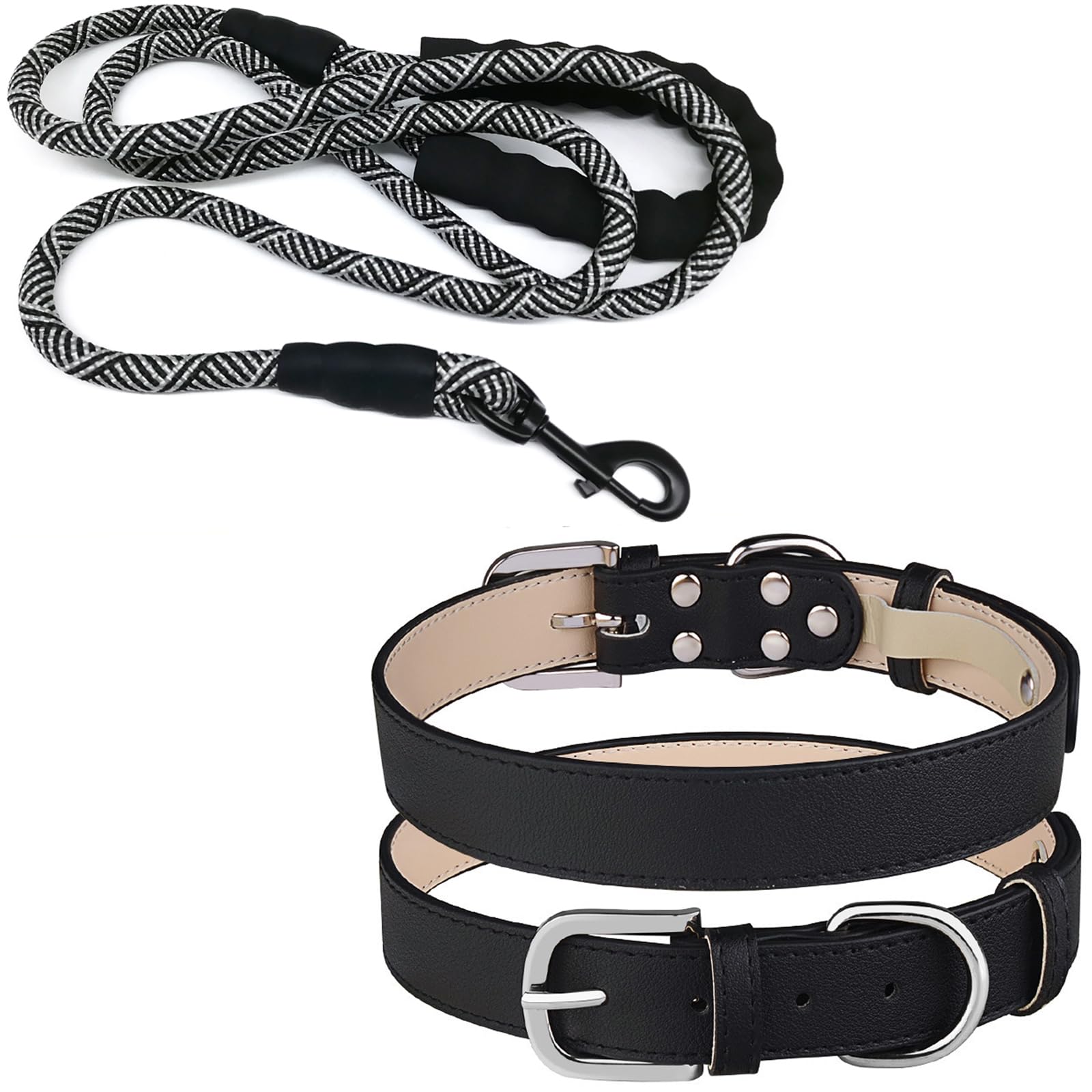 MayPaw Dog Leash 8FT, 1/2" Strong Nylon Rope + MayPaw PU Leather Dog Collar (L-Neck:18-22", Width:1.0")