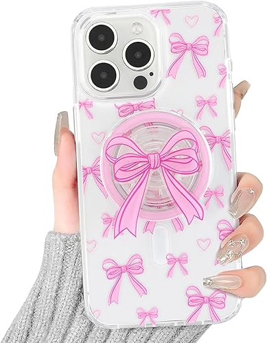Miniatura 2 de Funda magnética para iPhone 16e, funda magnética 3D rosa con lazo, bonito diseño estético de lazo transparente rosa, funda protectora transparente