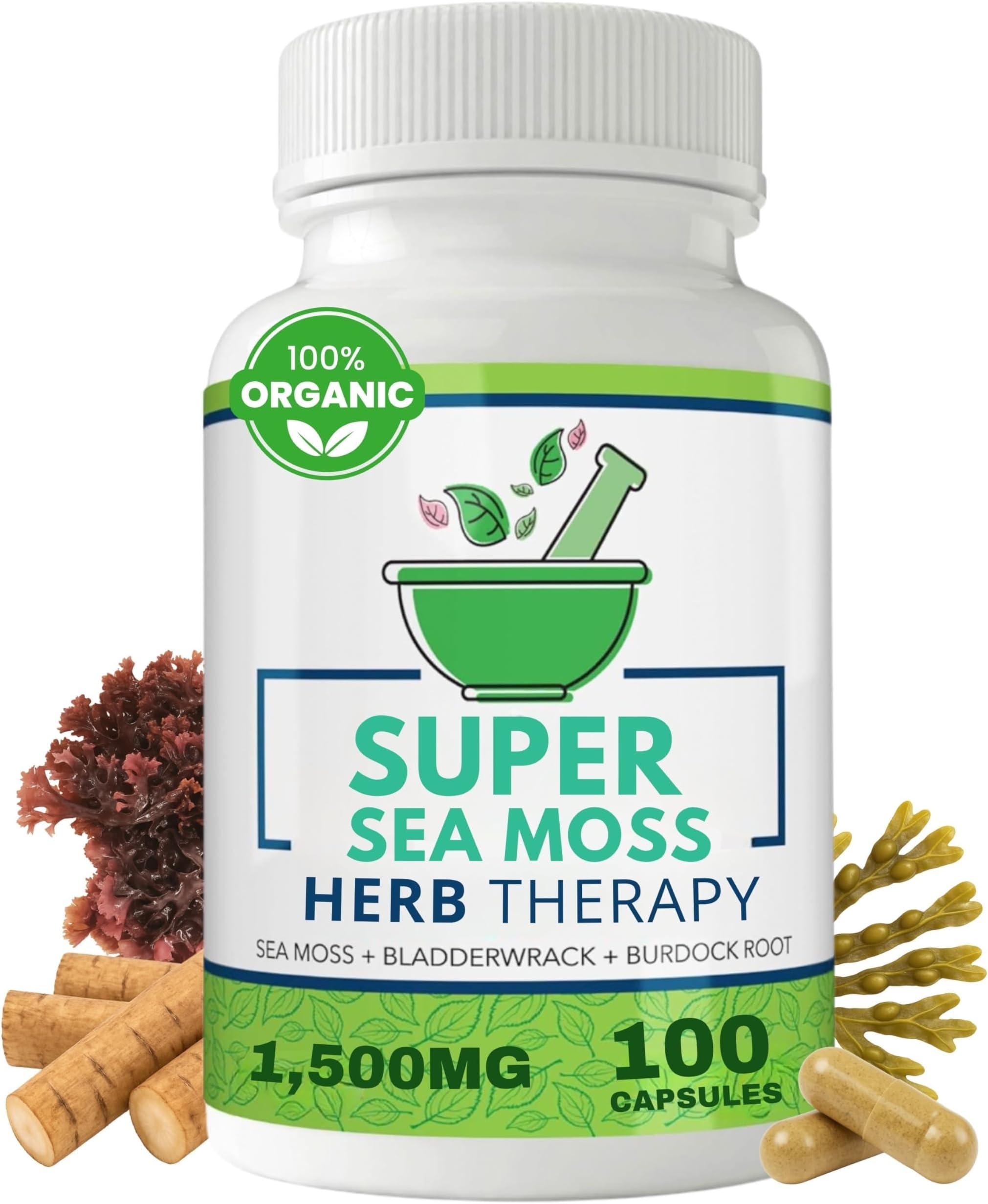 Sea Moss Capsules 100 Pack - Irish Sea Moss with Bladderwrack Powder & Burdock Root Powder - Keto & Alkaline Diet Support - No Fillers Seamoss Raw Supplement