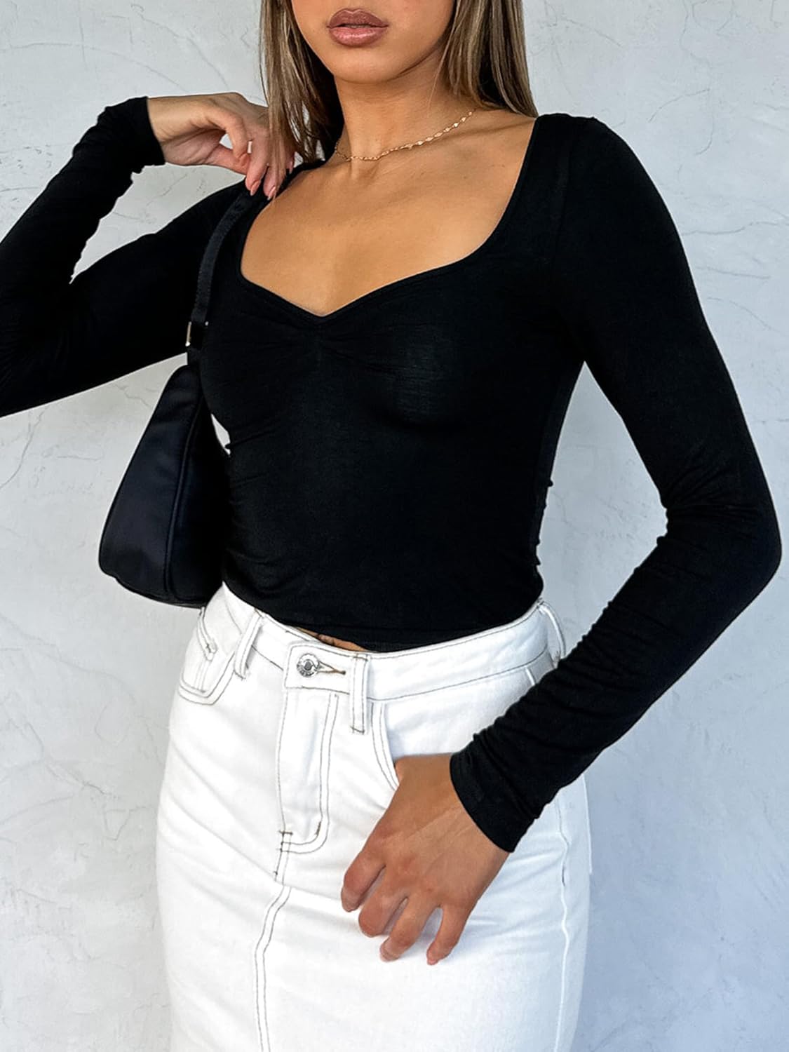 Women's Long Sleeve Going Out Crop Top Sexy Pleated Trendy Shirt Sweetheart Neck Y2K Ruched Cropped Tops - Image 5