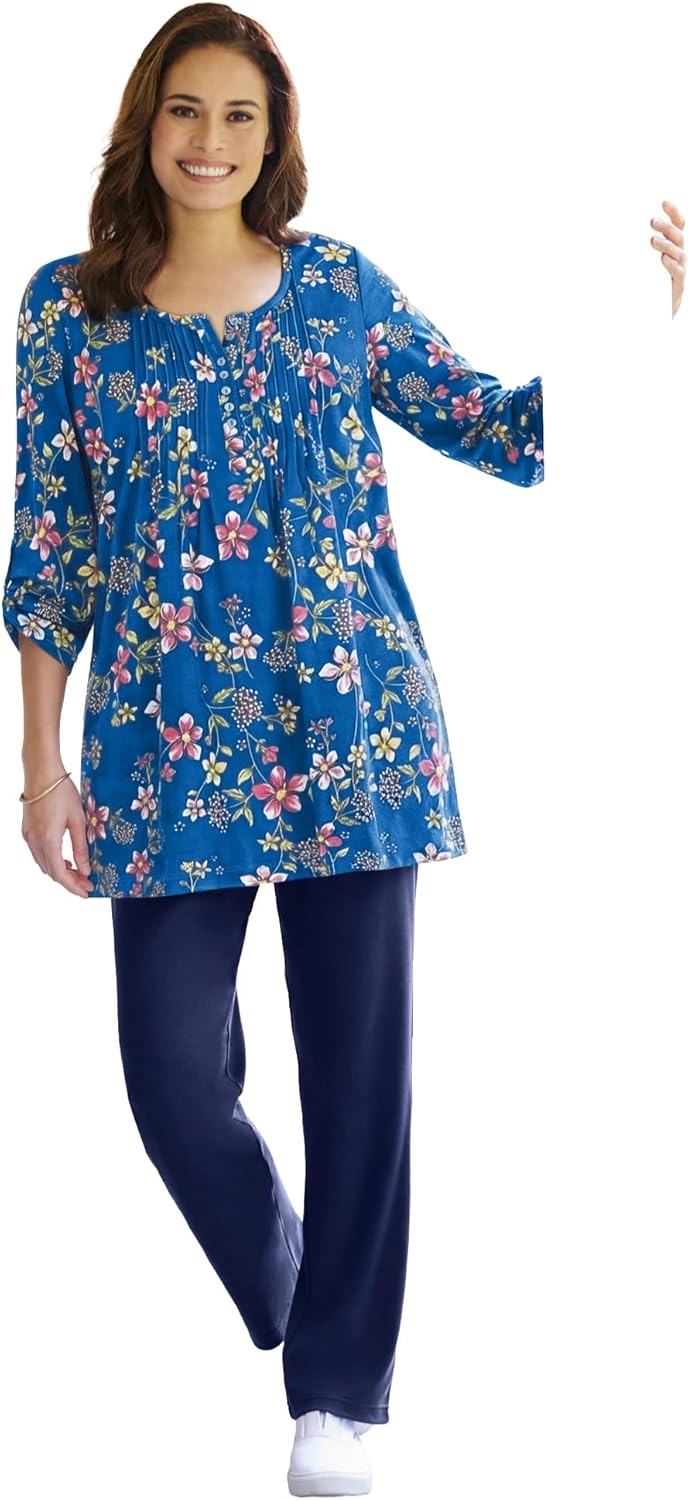 Woman Within Plus Size 7-Day Three-Quarter Sleeve Pintucked Henley Tunic