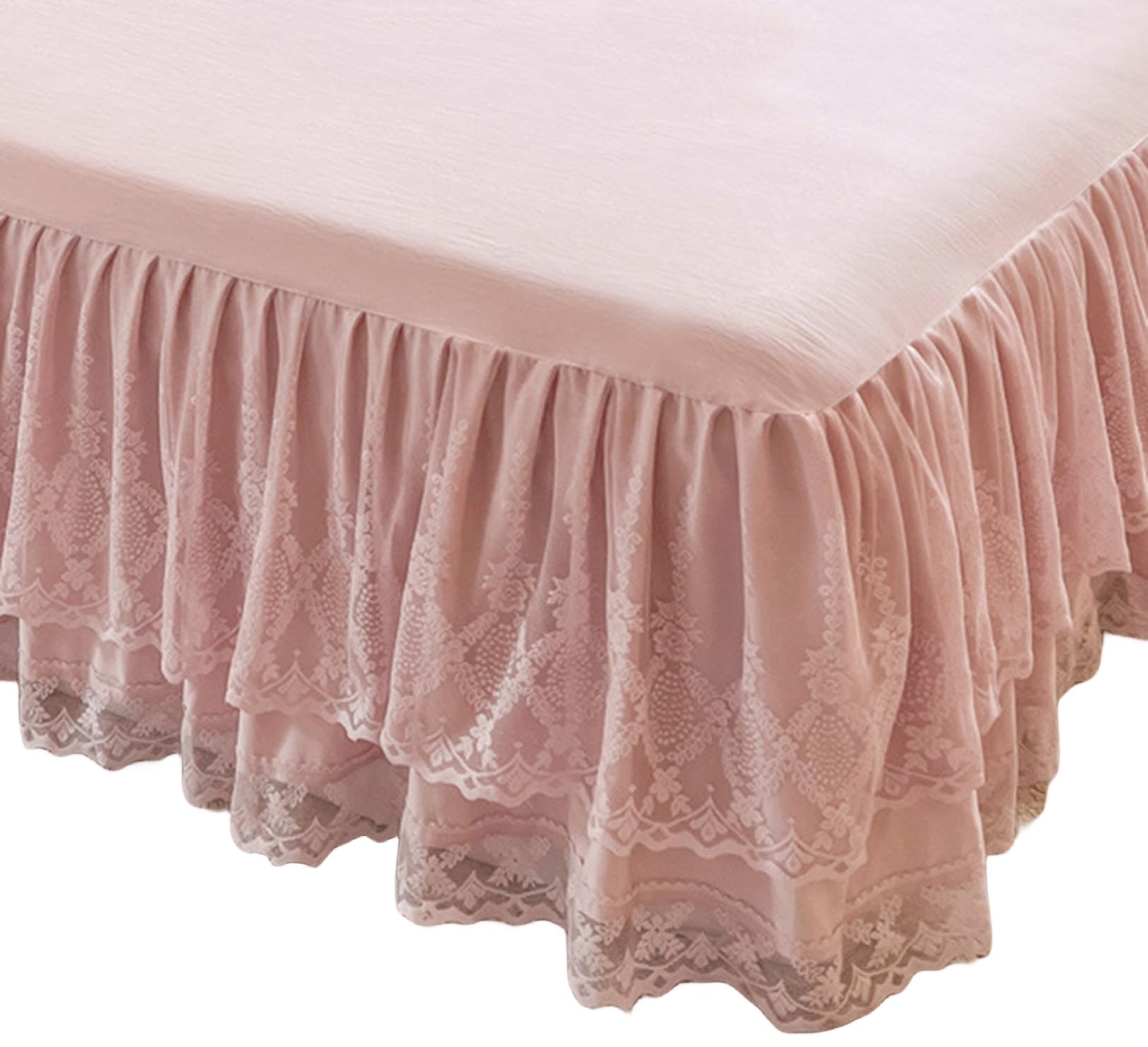 Romantic Summer Ruffled Bed Skirt with Sheet,Dust Ruffle Bedskirt with Two Lace Layers,17.7" Drop