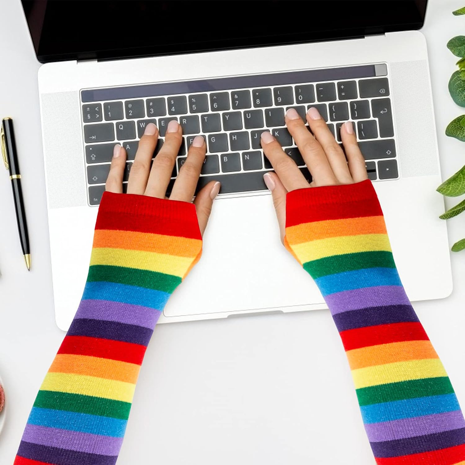 Amandir 1 Pairs Long Fingerless Gloves for Women Arm Warmers Knit Thumbhole Stretchy Gloves(rainbow) at  Women’s Clothing store