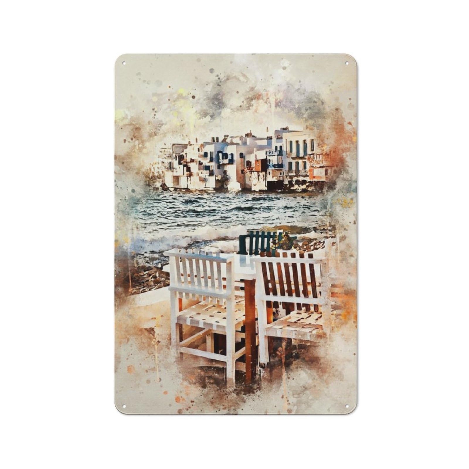 Junmoney Mykonos In Watercolor Metal Plaque 30X20cm With For Garage Wall, Vintage Decor, For Vintage Wall Decor Fans, For Metal Sign Collectors