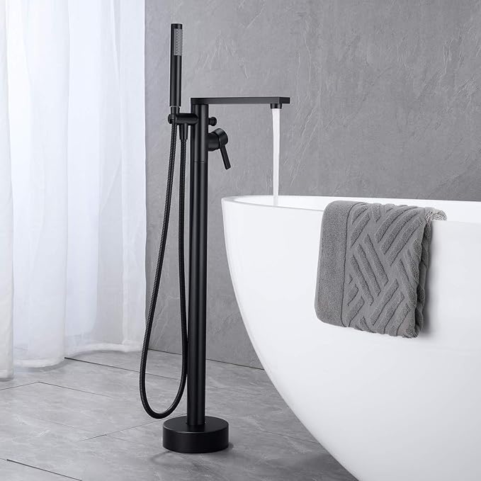 Freestanding Bathtub Faucet Tub Filler Black Floor Mount Brass Single Handle Bathroom Faucets with Hand Shower