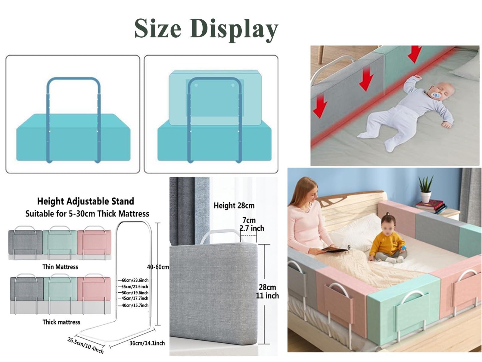 Barandilla de Cama para Niños Pequeños, Actualizar Reforzado Protector de Cama, Protección contra Caídas, Barandilla de Cama de Bebé para Adultos, Niños, Twin, para Colchones de 5-30cm (Color : Grau