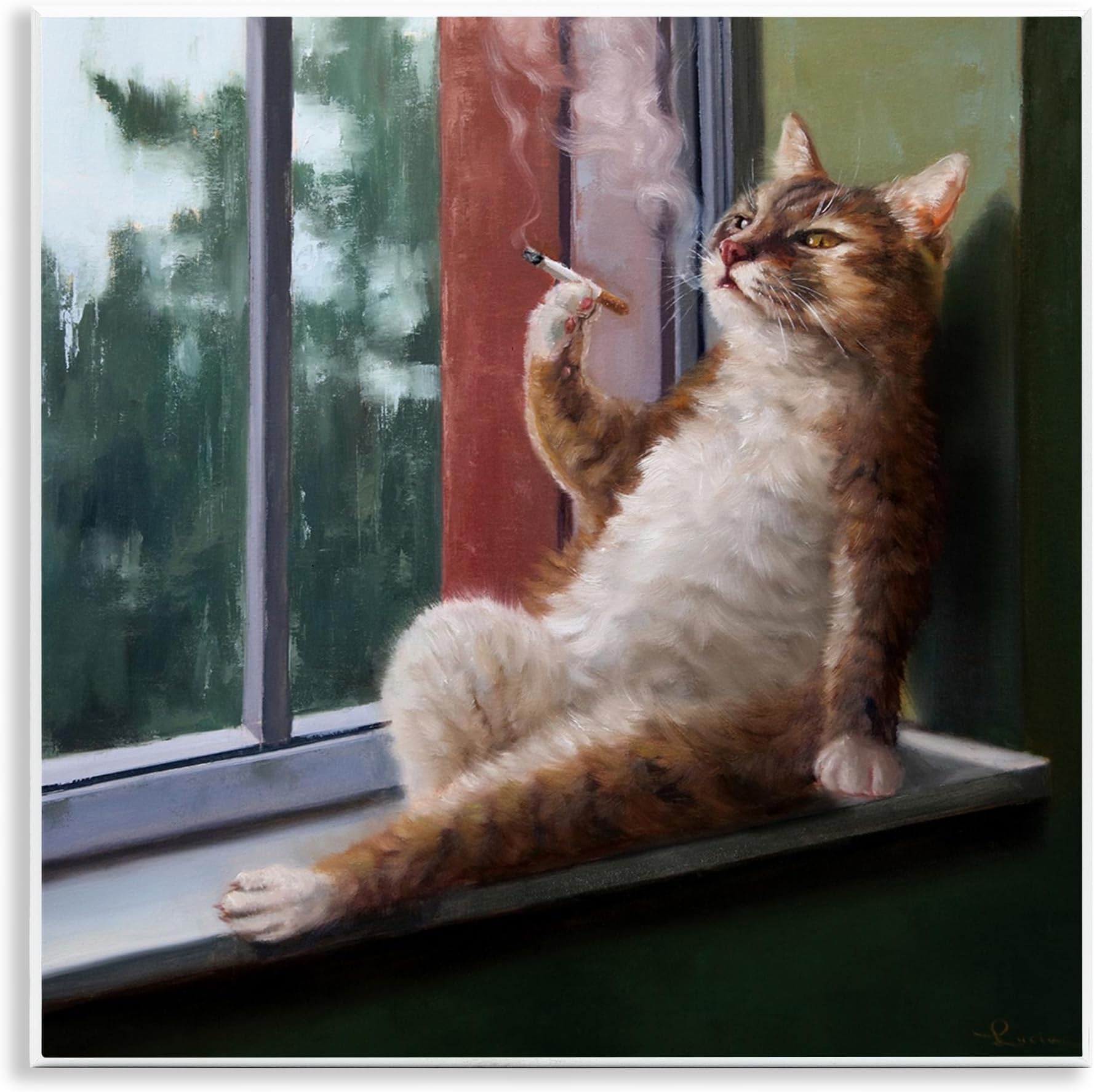 Stupell Industries House Cat Smoking Lounging in Window Pane, Designed by Lucia Heffernan Wall Plaque, 12 x 12, Brown