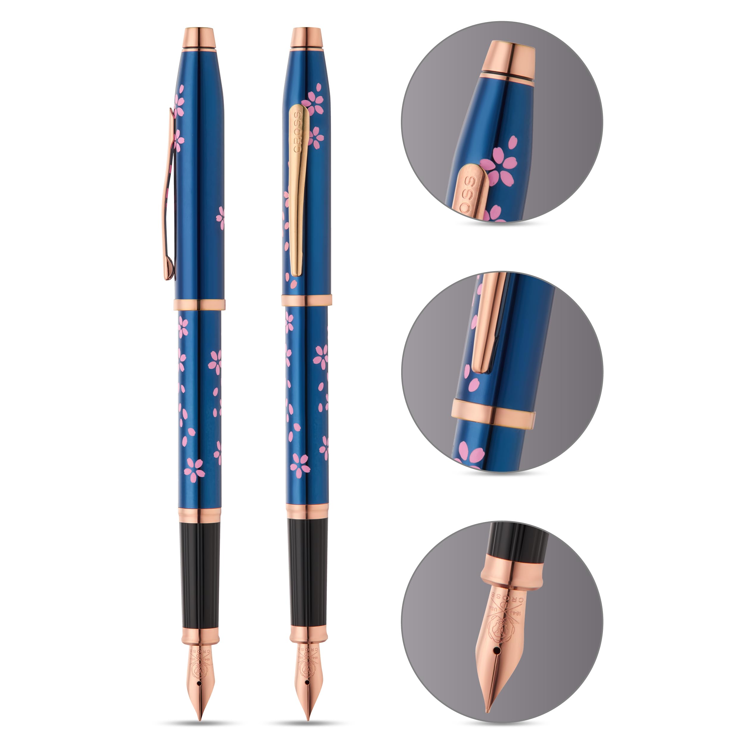 Cross Century II - Penna stilografica Cherry Blossom (pennino F in acciaio inox, inchiostro nero, con confezione regalo di alta qualità), vernice blu traslucida, raccordi in acciaio inox placcato oro