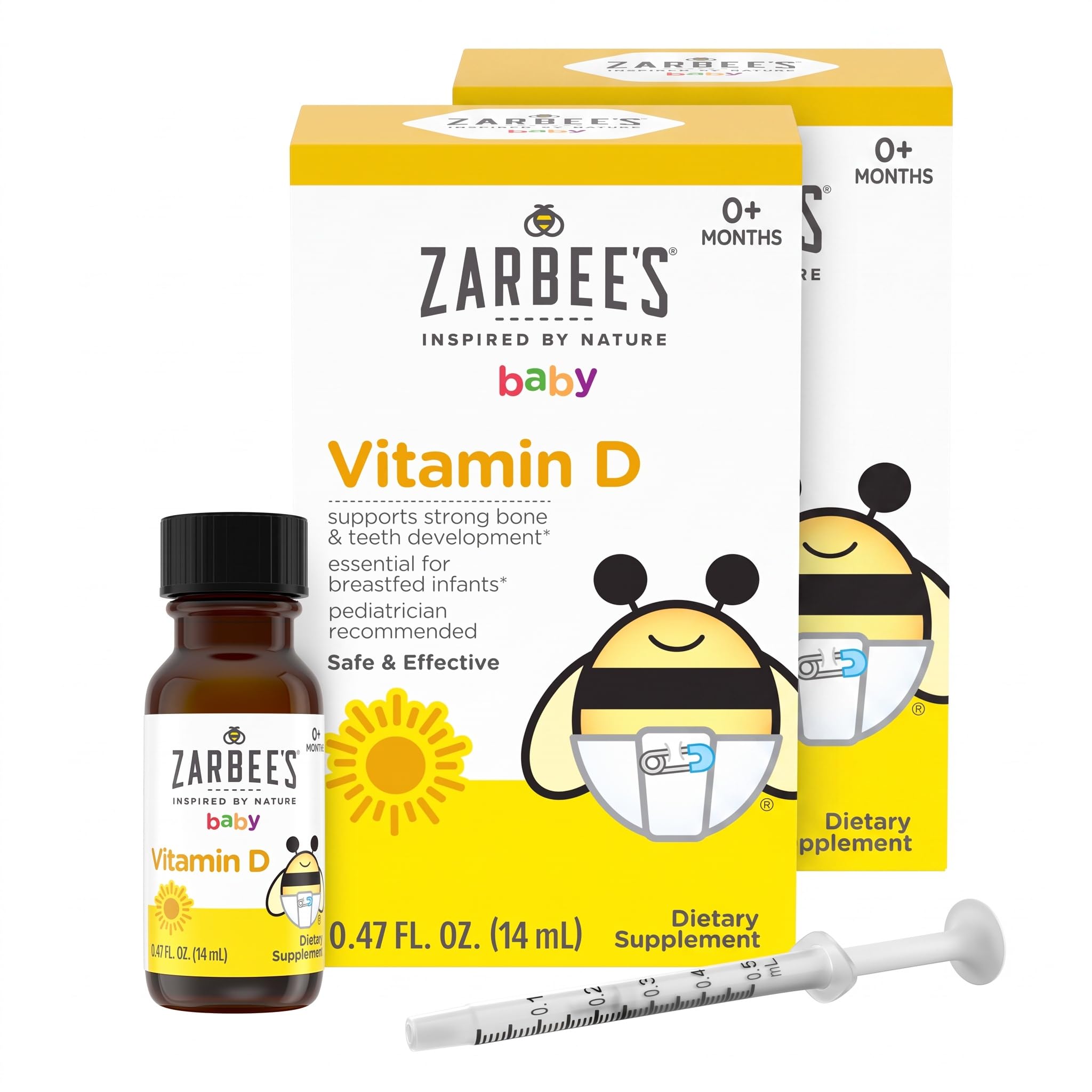 Zarbee's Vitamin D Drops for Infants,400IU (10mcg) Baby &amp; Toddler Liquid Supplement,Newborn &amp; Up,Dropper Syringe Included,0.47 Fl Oz,(Pack of 2)