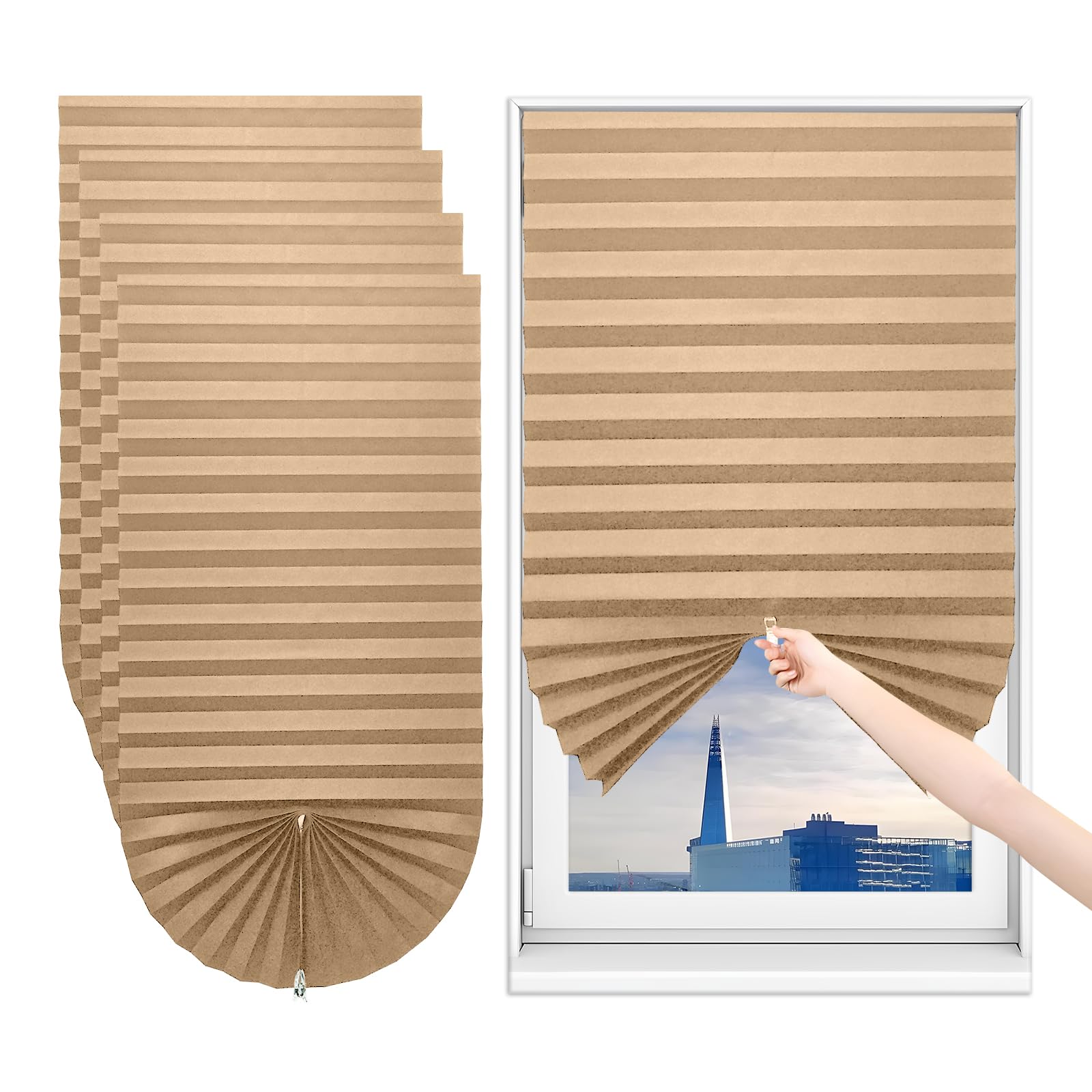 Sneulletoys 4pack No Drill Temporary Blinds Stick on,Easy Fit Self Adhesive Blinds,Non-Woven Fabric Crop According to Size,Curtains for Bedroom Kitchen Bathroom Windows (Coffee, 60W x 150H cm)