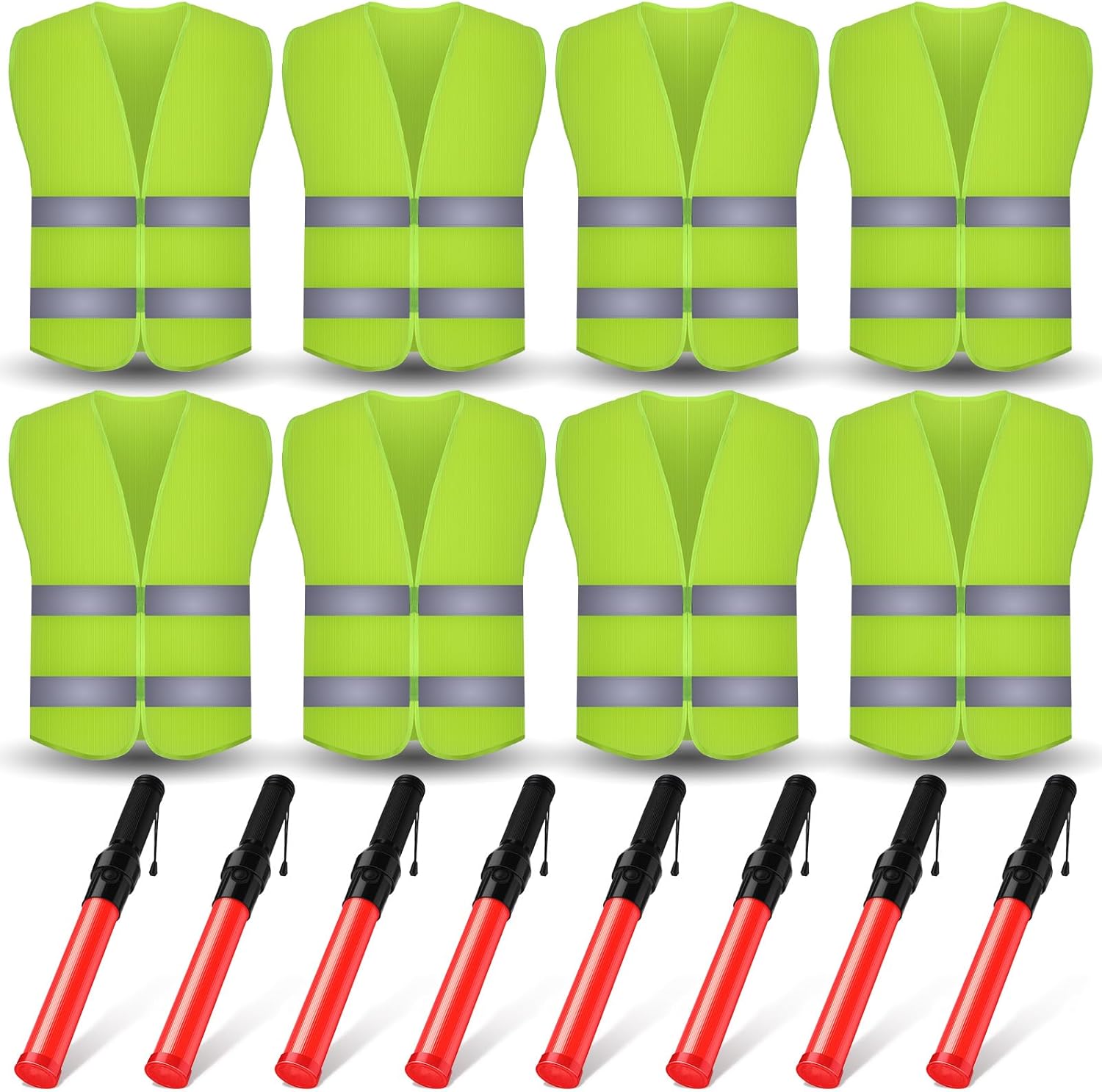 Kanayu 16 Pcs 16 Inch Signal Traffic Wand High Visibility Safety Vest Set Includes 8 Reflective Safety Vests 8 Traffic Control Light Security Wands for Airport Parking
