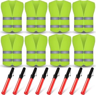 Kanayu 16 Pcs 16 Inch Signal Traffic Wand High Visibility Safety Vest Set Includes 8 Reflective Safety Vests 8 Traffic Control Light Security Wands for Airport Parking