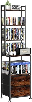 CD Rack and Storage with Two Drawers, 7-Tier DVD Shelf and Rack, CD Storage Tower and Holder for DVDs, Books and Media Games, Movie Collection and Decor, Ideal for Living Room, Home