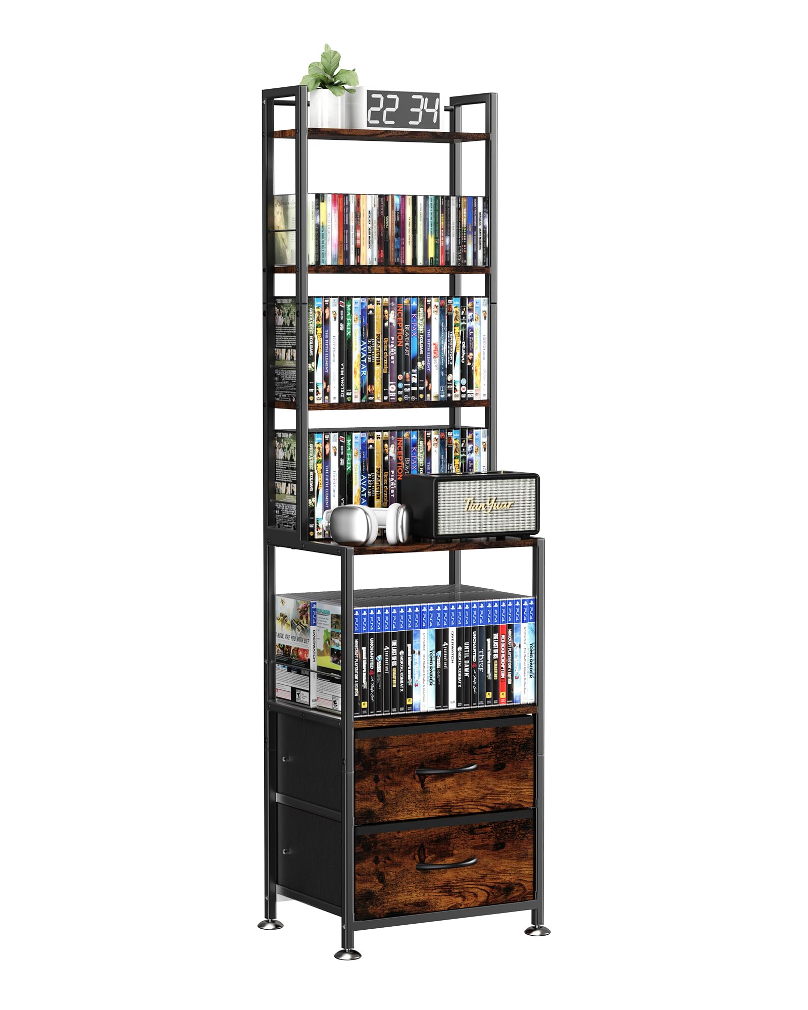 CD Storage Rack with Two Drawers, 7-Tier DVD Shelf and Rack