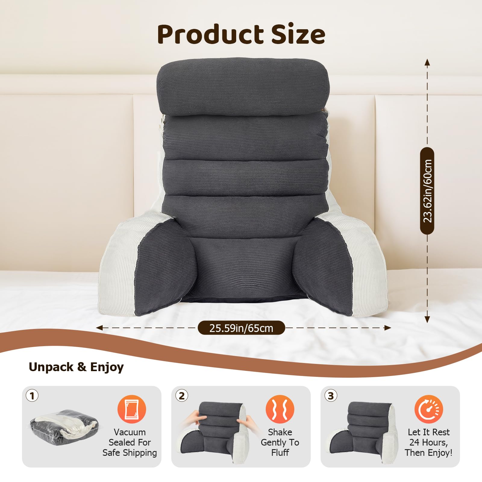 Coussin de lecture pour lit et canapé, 65 x 60 cm, coussin de dossier avec accoudoirs et traversin de nuque, os de lecture pour adultes, en velours côtelé, coussin d'assise pour lire