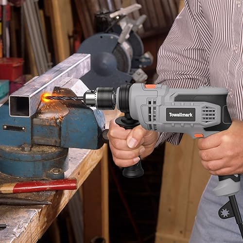 Miniatura 6 de Towallmark - Taladro de martillo eléctrico de 7 amperios, 12 pulgada con 3000 rpm, velocidad variable, 10 brocas para mejoras del hogar, bricolaje,