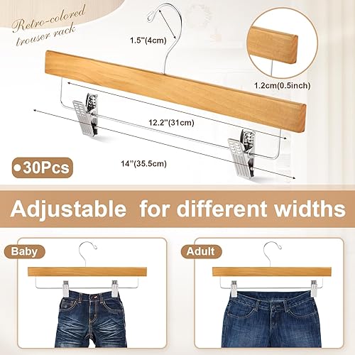 Miniatura 9 de Paquete de 30 perchas de madera para faldas con clips, perchas de madera lisa para pantalones, perchas de madera maciza con clips de metal