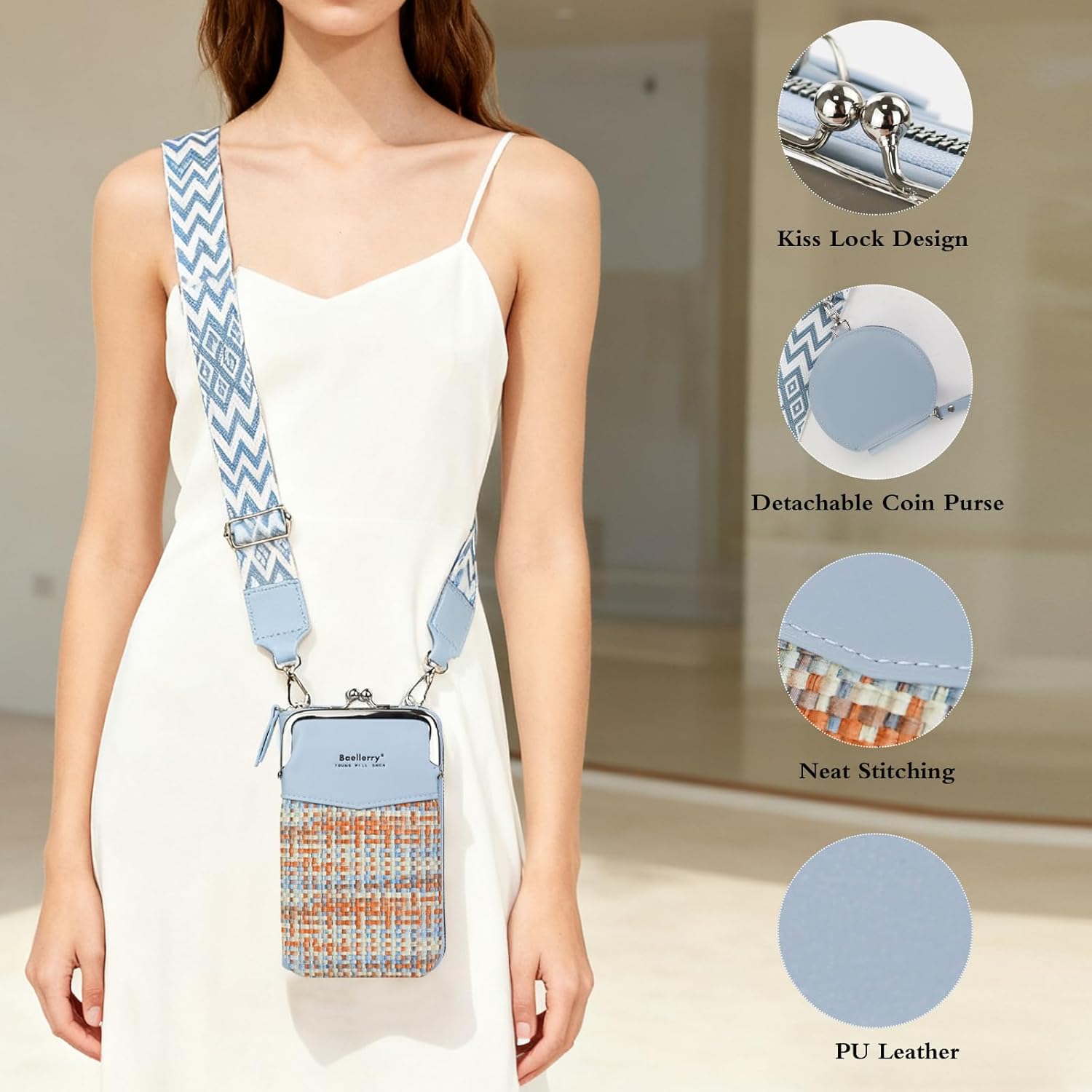 Andiker Crossbody Phone Bag for Women, PU Leather Ladies Cross Body Bag with Mobile Phone Pouch Detachable Coin Purse - Image 6