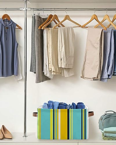 Miniatura 5 de Cesta de almacenamiento a rayas amarillas verde azulado para organizar estantes, cajas de almacenamiento plegables con asa, rayas blancas de arte