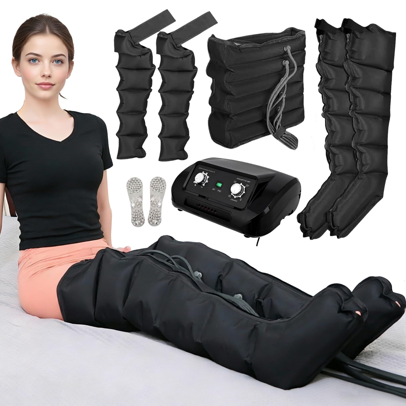 Botas Presoterapia Piernas Presoterapia Piernas y Abdomen 6 Cámaras Máquina Masajeador Presoterapia Profesional para Casa, Alivio Muscular y Drenaje Linfático (Negro Perneras+Faja+Brazo, XXL)