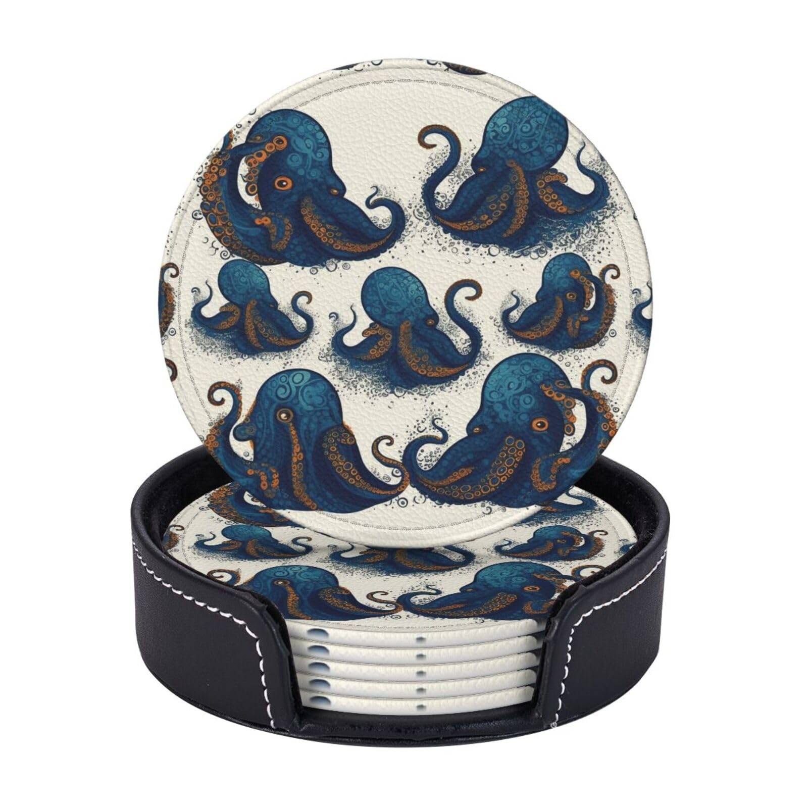 6Pcs PU Leather Coaster for Drinks, Tentacles Octopus Cup Coasters with Holder, Aesthetic Drink Coasters for Coffee Table, Round Coaster for Tabletop Protection 4" Cup Mat Pad