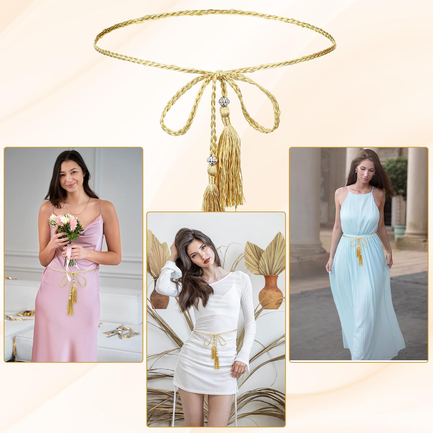 TIESOME 1 Pcs Gold Tassel Belt, Skinny Braided Rope Waist Belt for Women, Bowknot Tassel Accent Adjustable for Dress Skirt, Gold