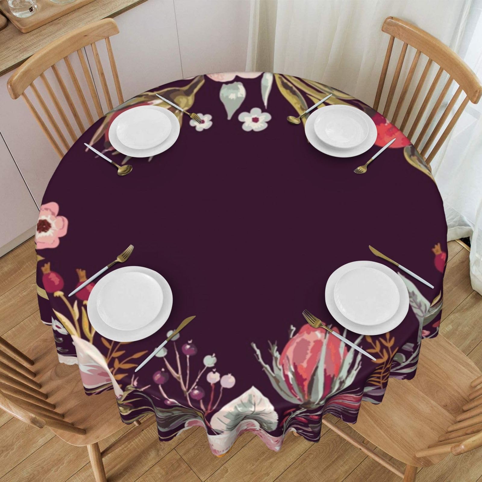 DCEHGEW 60 In Round Tablecloth with Lace, Floral Printed Oilproof & Washable Fabric Picnic Table Cloth Table Covers