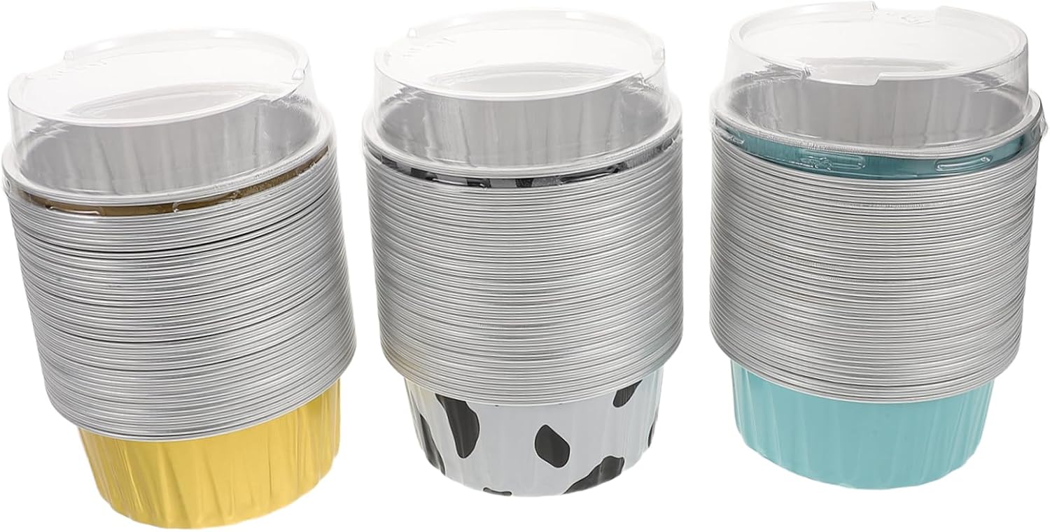 Ciieeo 120Pcs Mini Cupcake Baking Cups with Lids Aluminum Foil Pudding for Air Fryer Oven for Birthday Parties and Desserts Heat Disposable