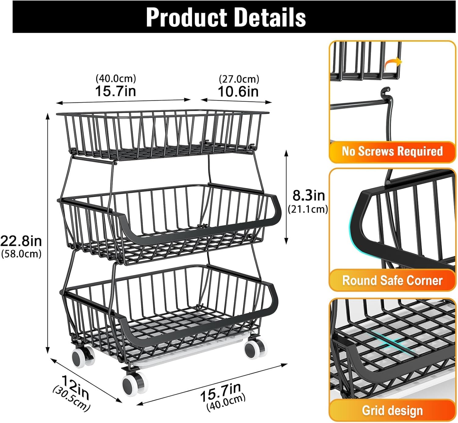 3-Tier Rolling Pantry Cart with Wheels, Stackable Wire Storage Floor Organizer for Kitchen Pantry Snack Shelves, Fruit Basket Stand, Vegetable Storage Rack for Snacks Fruits Onion Potato